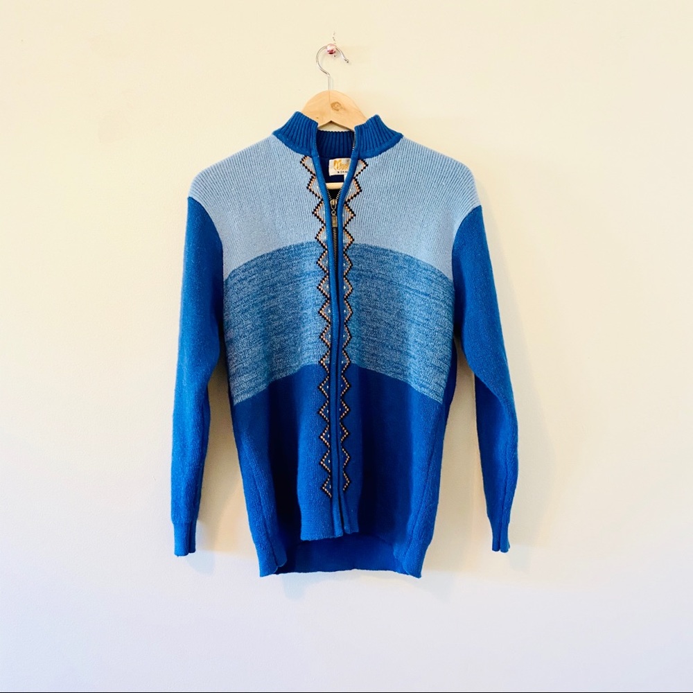 Vintage sweater blue color block wool zip up kids youth XL
